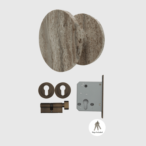 Silver Travertine Stone Front Door Pull & Aged Bronze Lock Package