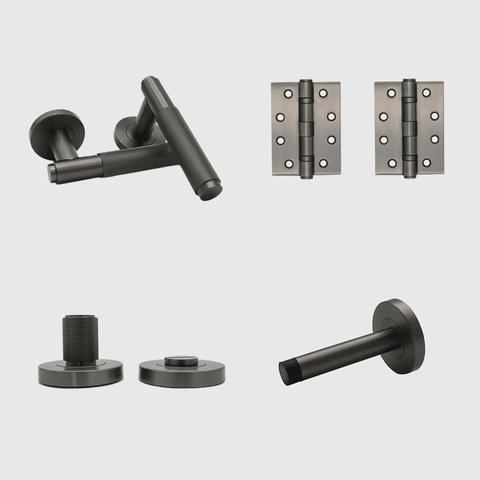 Privacy Knurled Gunmetal Door Handle Package