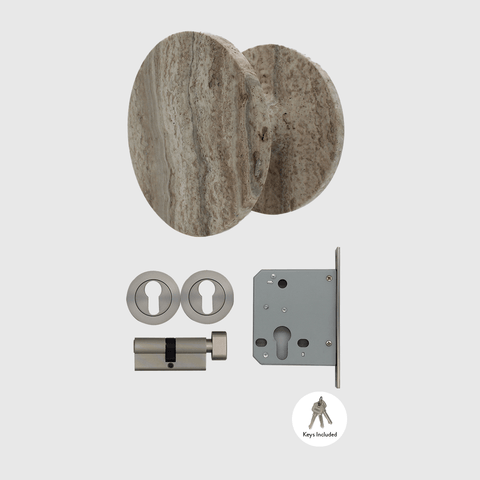 Silver Travertine Stone Front Door Pull & Brushed Nickel Lock Package