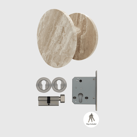 Travertine Stone Front Door Pull & Brushed Nickel Lock Package