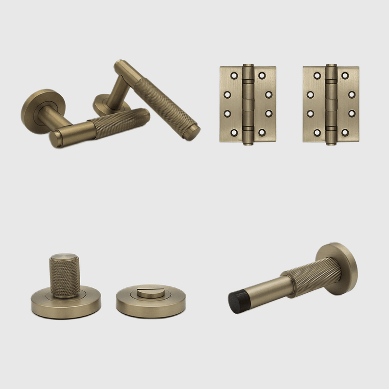 Privacy Knurled Brushed Gold Door Handle Package