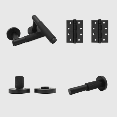 Privacy Knurled Matte Black Door Handle Package